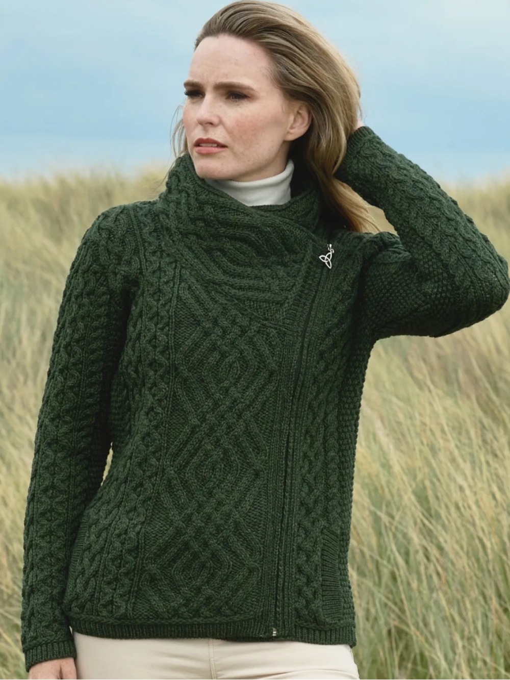 Aran Crafts NWT Athenry Asymmetric Zip Cable Knit Cardigan Coat Army Large